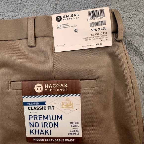 NWT Haggar Mens Classic Fit Premium Khaki Pleated Pants 38x32 Stretch Fabric - Picture 2 of 8